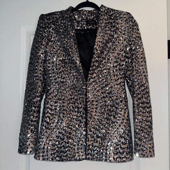 Zara Black Silver Gunmetal Metallic Sequin Blazer Size S Trinny Woodall - Picture 5 of 13